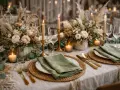 Elegancki ślub boho: złote sztućce, zielone serwetki, świece i bukiety z traw pampasowych tworzą ciepłą atmosferę.