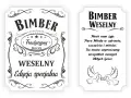 Etykiety z zabawnymi nazwami bimbru na wesele: "Bimber Tradycyjny MOCNY" i "Bimber Weselny - Edycja specjalna".