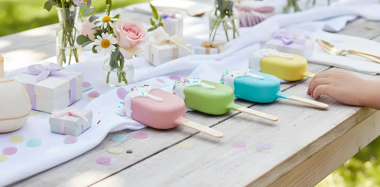 Kolorowe cake pops wesele na drewnianym stole, ozdobionym kwiatami i prezentami.
