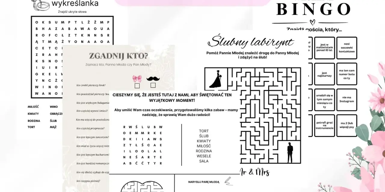 Gry weselne: wykreślanka, bingo, labirynt i zgadywanki. Zabawy dla gości, by umilić czas i sprawić radość.