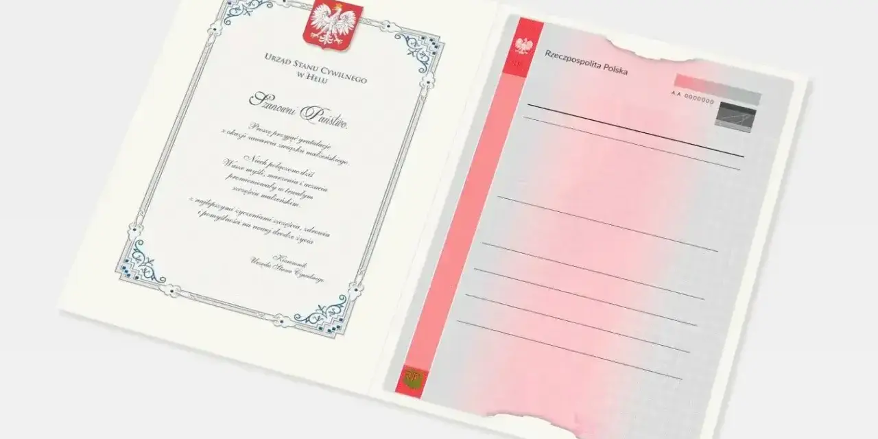 Dokument Urzędu Stanu Cywilnego z gratulacjami z okazji zawarcia związku małżeńskiego. Potwierdza ważne stany cywilne.