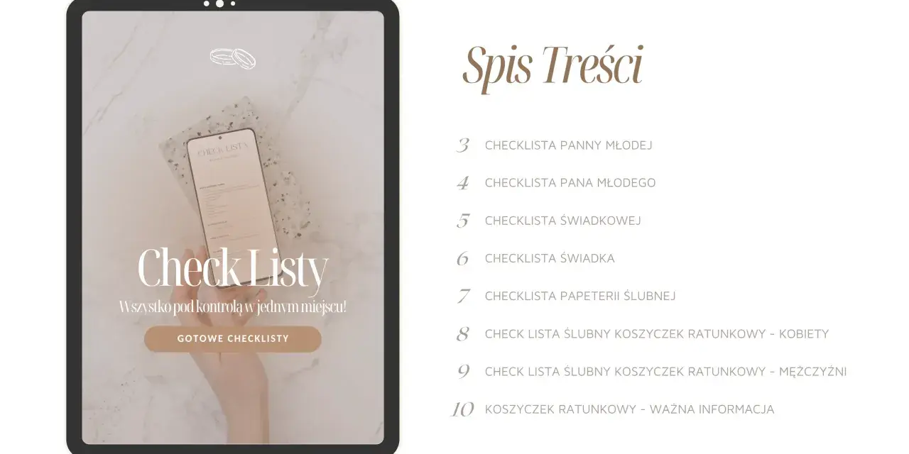 Lista rzeczy, co świadkowa powinna mieć w torebce, znajduje się na ekranie tabletu. Obok spis treści weselnych checklist.