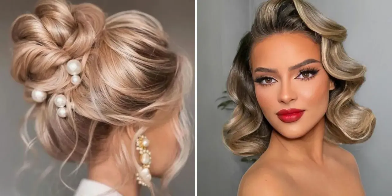 Eleganckie fryzury na wesele dla 40 latki: upięcie z perłami i fale w stylu retro.