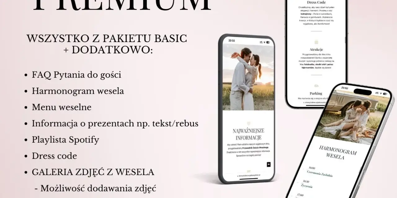Strona ślubna w wersji Premium. Telefon pokazuje harmonogram wesela, dress code i atrakcje.