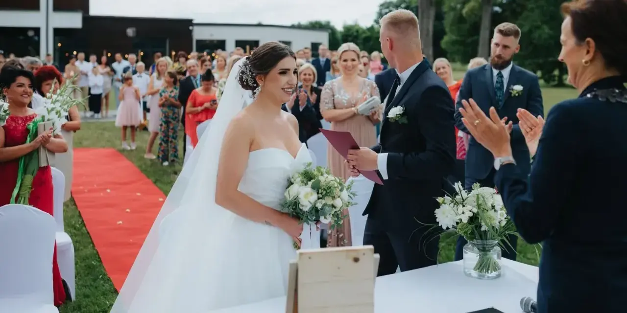 Urzędniczka udziela ślubu cywilnego parze młodej na tle gości.