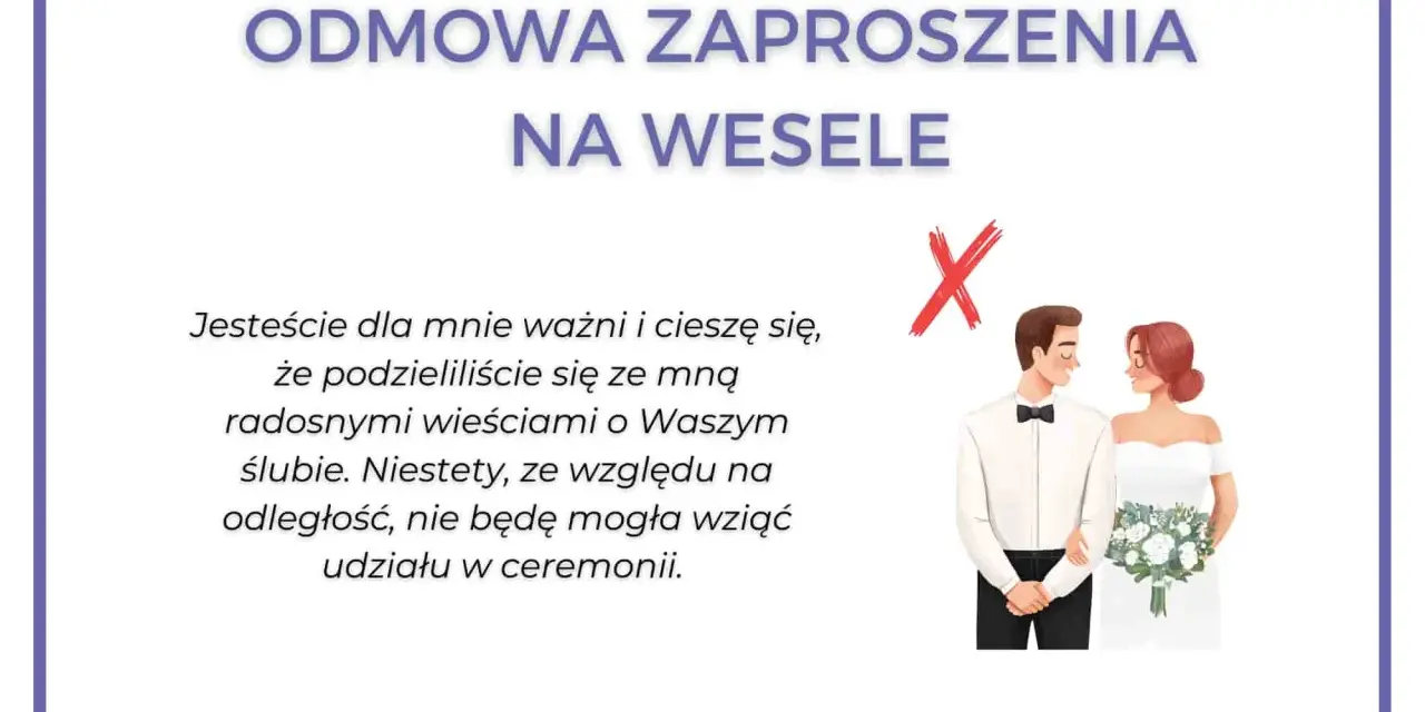 Jak odmówić wesele: tekst z propozycją grzecznego odmówienia zaproszenia na ślub z powodu odległości. Para młoda na ilustracji.