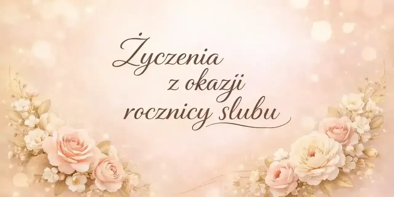 Eleganckie życzenia z okazji rocznicy ślubu, ozdobione pastelowymi różami i delikatnymi światłami.