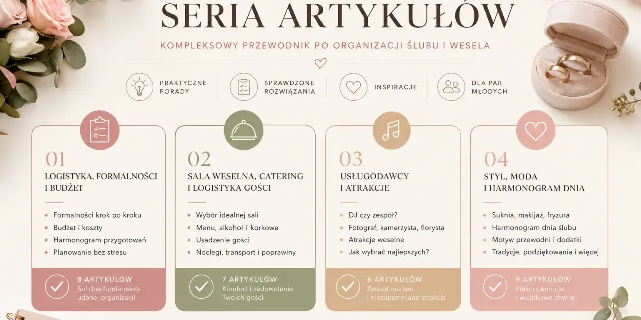 Przewodnik po organizacji ślubu i wesela: logistyka, sala, usługodawcy, styl. Wszystko, co potrzebne do zaplanowania idealnej ceremonii zaślubin.