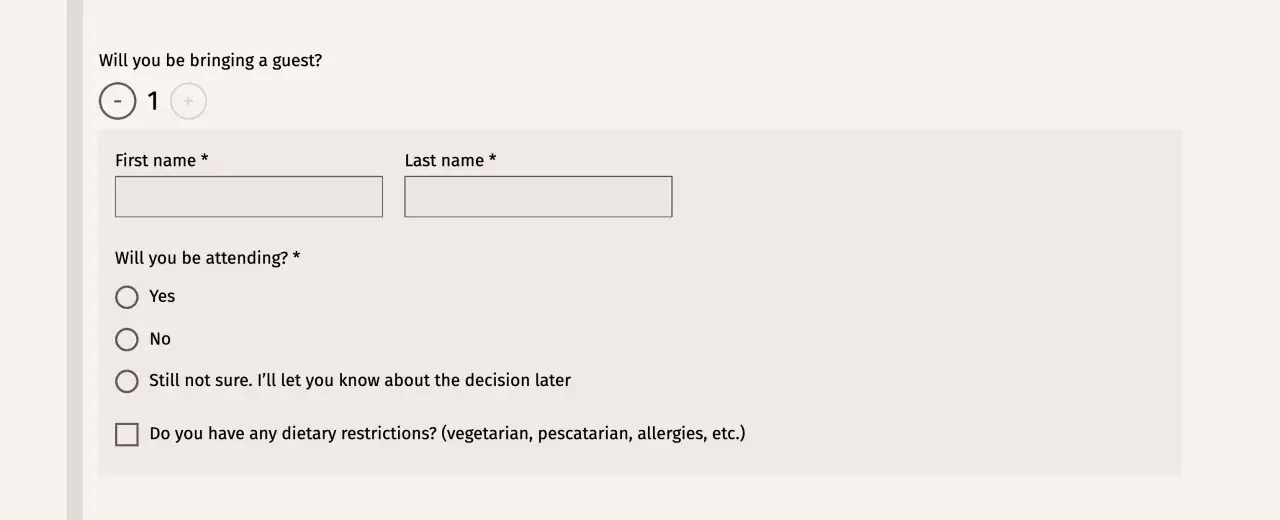 Formularz RSVP: prosimy o potwierdzenie przybycia, podanie imienia, nazwiska, liczby gości i ewentualnych ograniczeń dietetycznych.