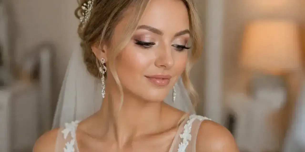 Piękna panna młoda z delikatnym makijażem. Zastanawiasz się, ile godzin przed ślubem zrobić makijaż? Ten look sugeruje, że warto zacząć wcześnie!