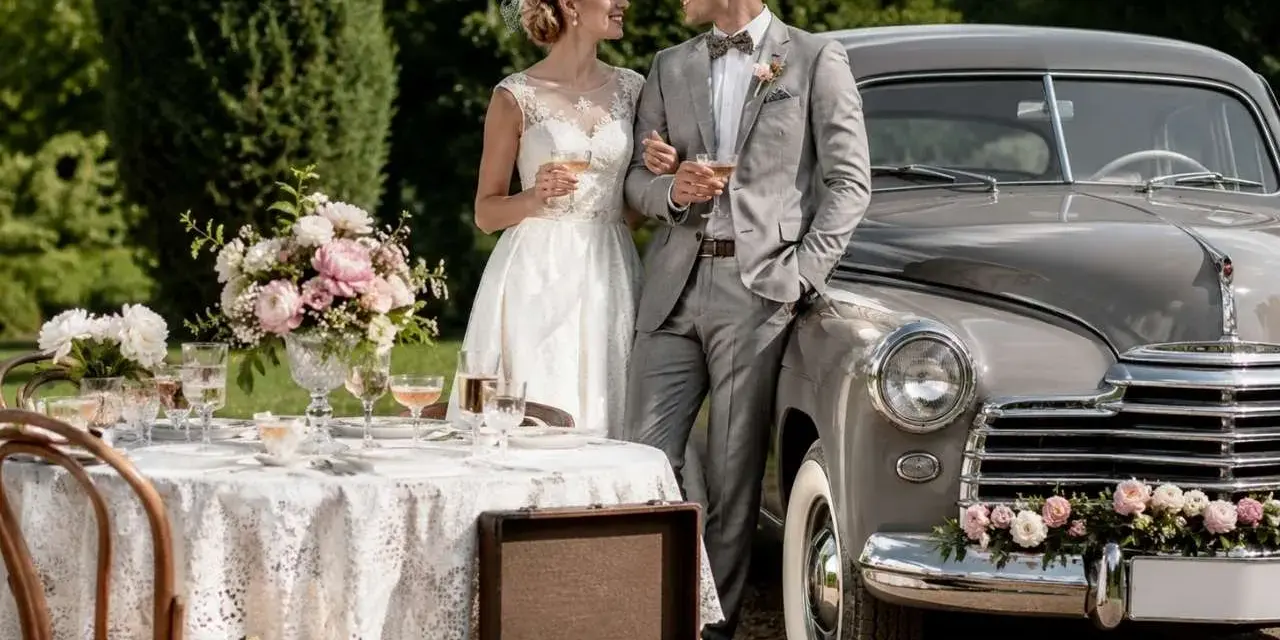 Para młoda przy stylowym aucie, stół z kwiatami i kieliszkami. Wesele w stylu wiejskim z nutą retro.