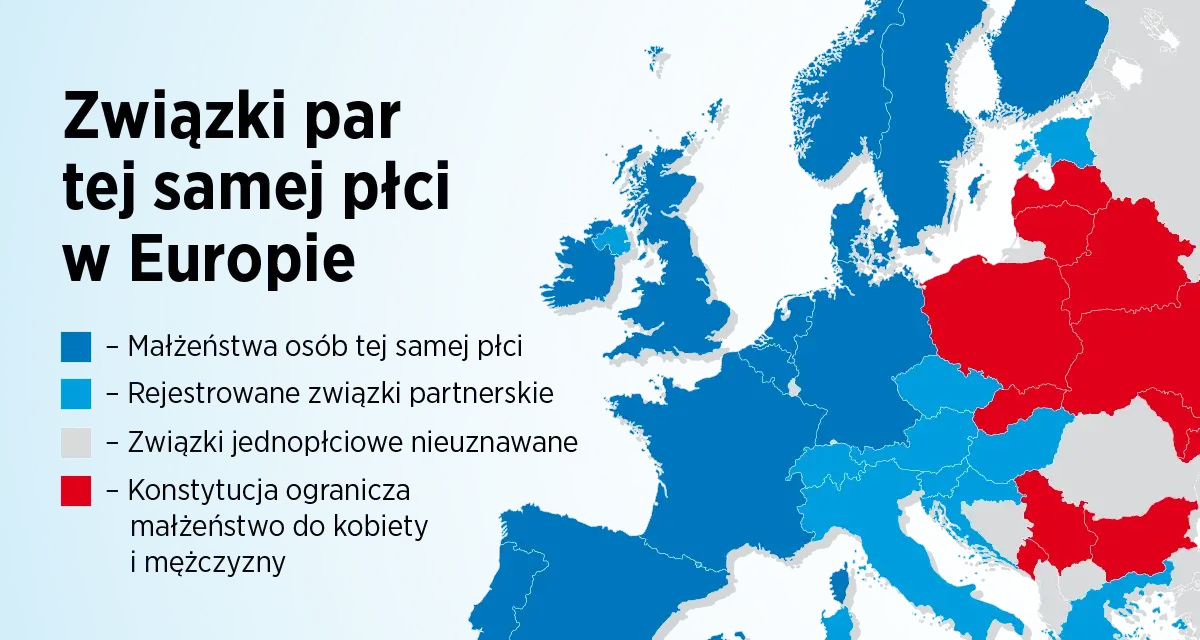 Mapa Europy pokazuje, gdzie można wziąć ślub homoseksualny. Większość krajów pozwala na małżeństwa lub związki partnerskie.