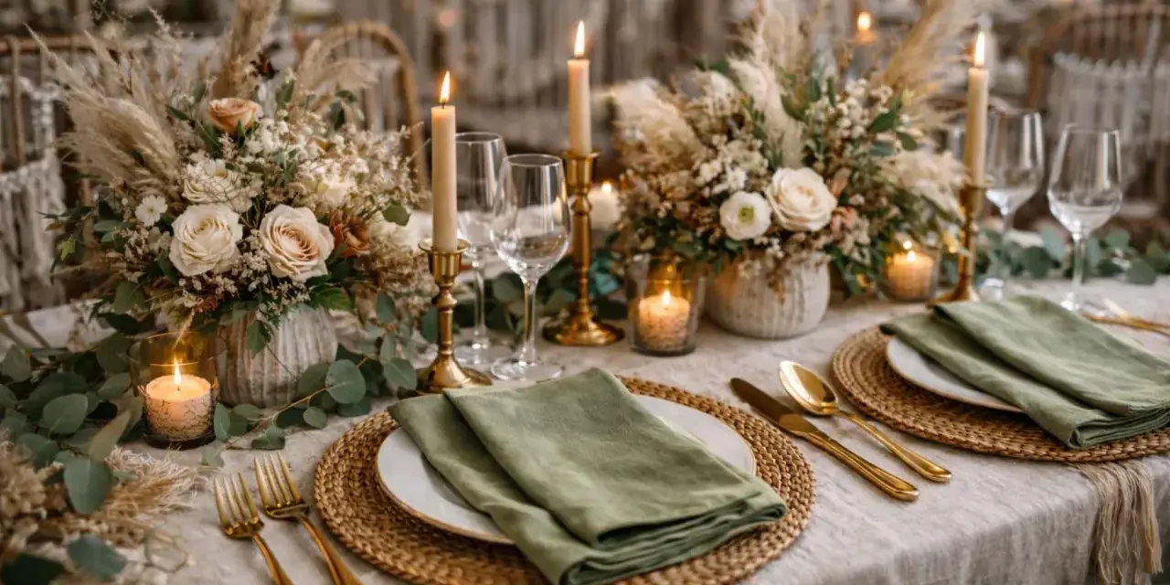 Elegancki ślub boho: złote sztućce, zielone serwetki, świece i bukiety z traw pampasowych tworzą ciepłą atmosferę.
