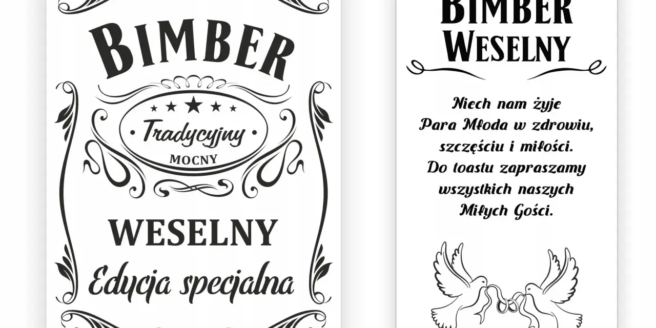 Etykiety z zabawnymi nazwami bimbru na wesele: "Bimber Tradycyjny MOCNY" i "Bimber Weselny - Edycja specjalna".