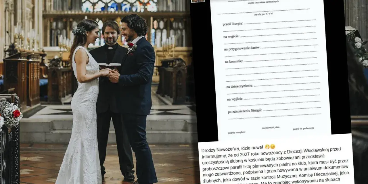 Ślub w kościele wymaga listy pieśni. Od 2027 roku nowożeńcy z Diecezji Włocławskiej muszą przedstawić proboszczowi planowane pieśni na ślub.