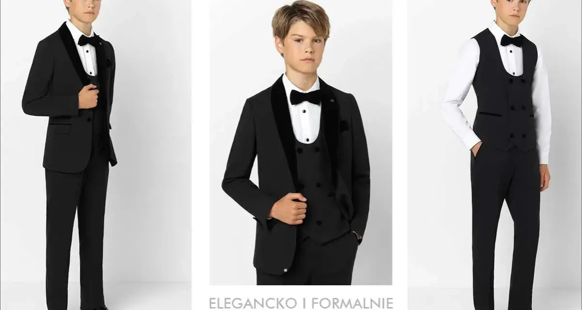 Elegancko i formalnie: jak ubrać 16 latka na wesele. Chłopiec w czarnym garniturze, kamizelce i muszce.