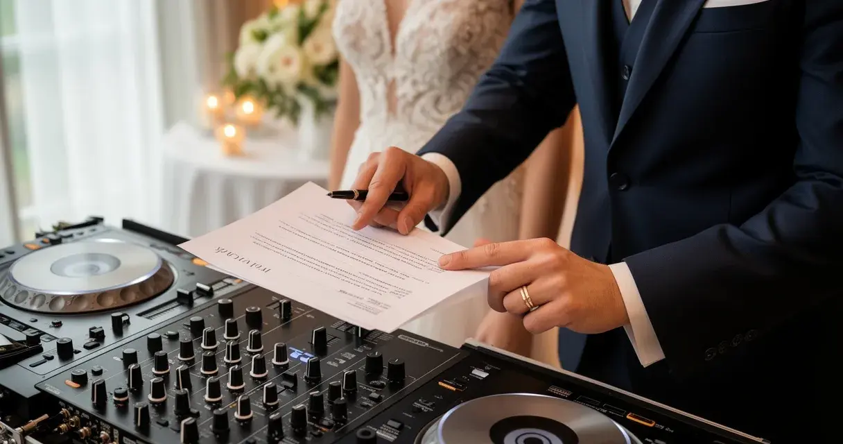 Pan młody podpisuje umowę DJ-owi, który przygotowuje się do wesela.
