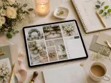 Planowanie ślubu i zastanawianie się, co zrobić z pieniędzmi z wesela. Na stole tablet z inspiracjami, bukiet, świeca i kalendarz.