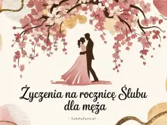 Para młoda pod kwitnącą wiśnią. Oryginalne życzenia na rocznicę ślubu dla męża.