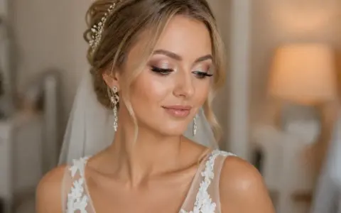 Delikatny makijaż na wesele podkreśla urodę panny młodej. Jasne cienie, subtelne konturowanie i błyszczące usta tworzą romantyczny look.