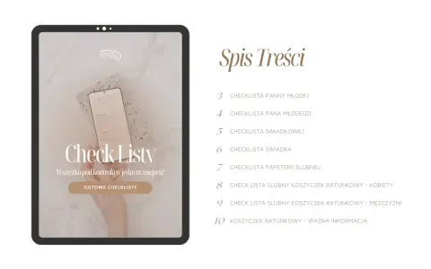 Lista rzeczy, co świadkowa powinna mieć w torebce, znajduje się na ekranie tabletu. Obok spis treści weselnych checklist.