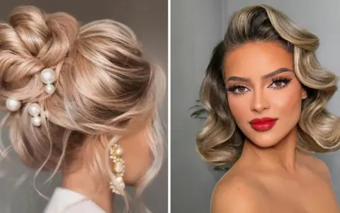 Eleganckie fryzury na wesele dla 40 latki: upięcie z perłami i fale w stylu retro.