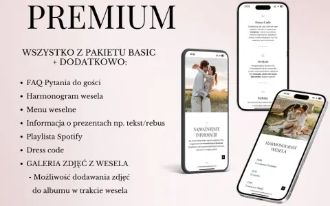 Strona ślubna w wersji Premium. Telefon pokazuje harmonogram wesela, dress code i atrakcje.