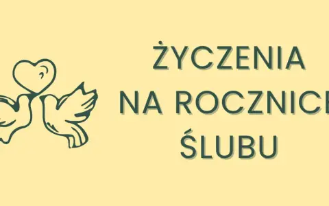 Dwa gołąbki z sercem nad głową symbolizują miłość. Napis "Życzenia na rocznicę ślubu" zaprasza do świętowania pierwszej wspólnej rocznicy.