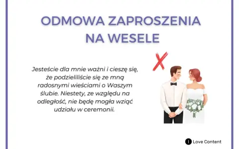 Jak odmówić wesele: tekst z propozycją grzecznego odmówienia zaproszenia na ślub z powodu odległości. Para młoda na ilustracji.