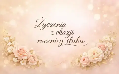 Eleganckie życzenia z okazji rocznicy ślubu, ozdobione pastelowymi różami i delikatnymi światłami.