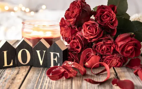 Bukiet czerwonych róż, świeca i napisy "LOVE" na drewnianym stole. Idealna dekoracja na 11 rocznicę ślubu, znaną jako rocznica stalowa.