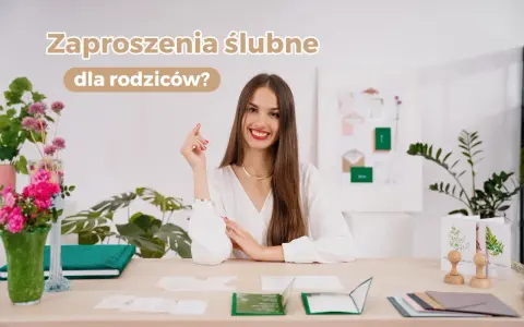 Uśmiechnięta kobieta przy biurku z zaproszeniami ślubnymi. Czy rodzicom daje się zaproszenie na ślub? Na stole leżą próbki zaproszeń i kwiaty.