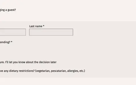 Formularz RSVP: prosimy o potwierdzenie przybycia, podanie imienia, nazwiska, liczby gości i ewentualnych ograniczeń dietetycznych.