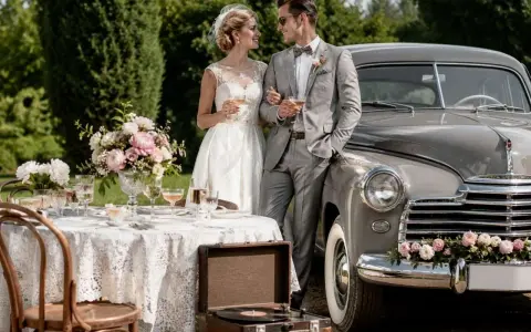 Para młoda przy stylowym aucie, stół z kwiatami i kieliszkami. Wesele w stylu wiejskim z nutą retro.