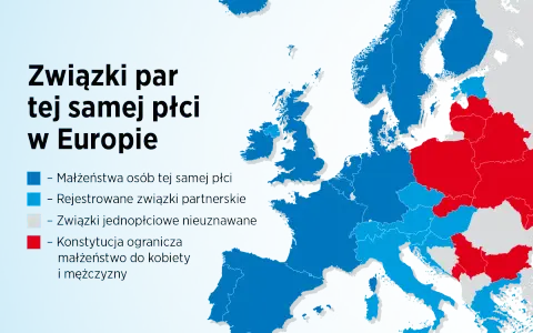 Mapa Europy pokazuje, gdzie można wziąć ślub homoseksualny. Większość krajów pozwala na małżeństwa lub związki partnerskie.