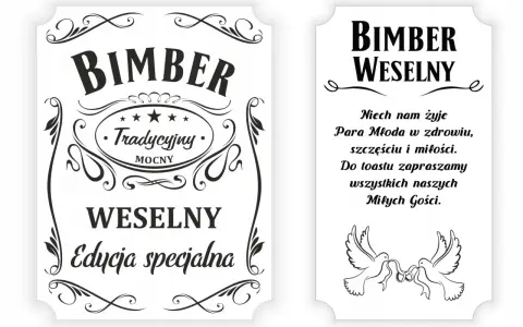 Etykiety z zabawnymi nazwami bimbru na wesele: "Bimber Tradycyjny MOCNY" i "Bimber Weselny - Edycja specjalna".