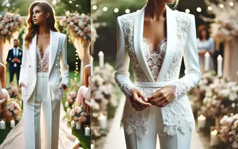 Elegancka panna młoda w białym garniturze na wesele w spodniach, z koronkowym topem i ozdobnymi detalami.