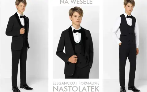 Elegancko i formalnie: jak ubrać 16 latka na wesele. Chłopiec w czarnym garniturze, kamizelce i muszce.