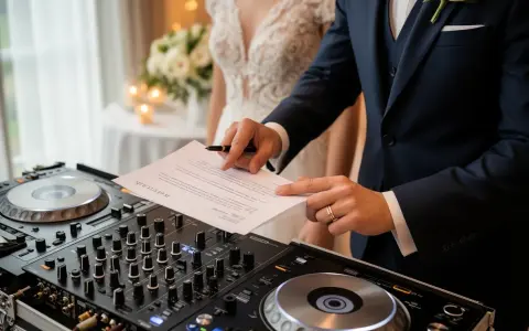Pan młody podpisuje umowę DJ-owi, który przygotowuje się do wesela.