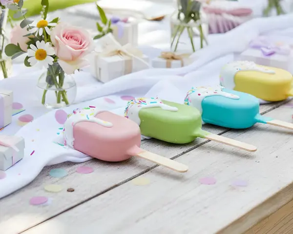 Kolorowe cake pops wesele na drewnianym stole, ozdobionym kwiatami i prezentami.