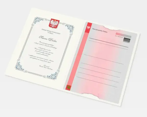 Dokument Urzędu Stanu Cywilnego z gratulacjami z okazji zawarcia związku małżeńskiego. Potwierdza ważne stany cywilne.