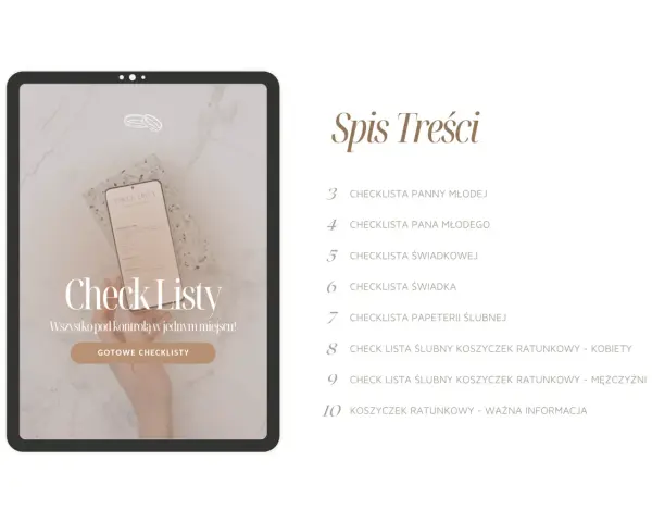 Lista rzeczy, co świadkowa powinna mieć w torebce, znajduje się na ekranie tabletu. Obok spis treści weselnych checklist.