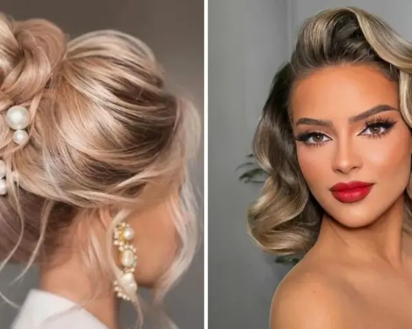 Eleganckie fryzury na wesele dla 40 latki: upięcie z perłami i fale w stylu retro.