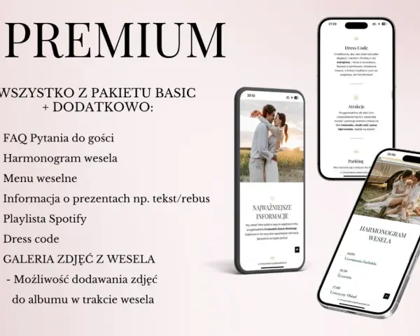 Strona ślubna w wersji Premium. Telefon pokazuje harmonogram wesela, dress code i atrakcje.