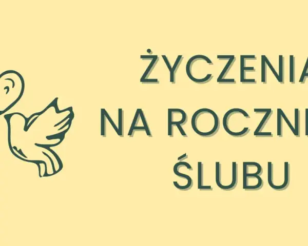 Dwa gołąbki z sercem nad głową symbolizują miłość. Napis "Życzenia na rocznicę ślubu" zaprasza do świętowania pierwszej wspólnej rocznicy.
