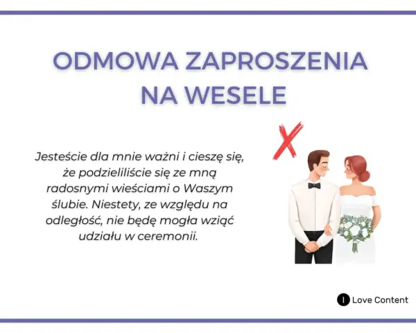 Jak odmówić wesele: tekst z propozycją grzecznego odmówienia zaproszenia na ślub z powodu odległości. Para młoda na ilustracji.