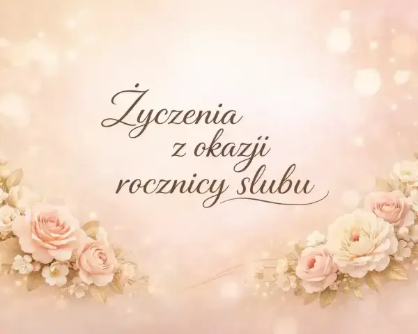 Eleganckie życzenia z okazji rocznicy ślubu, ozdobione pastelowymi różami i delikatnymi światłami.