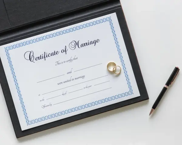 Ślubne dokumenty: certyfikat małżeństwa, obrączki i eleganckie pióro. Gotowi na ślubne formalności?