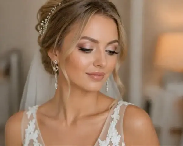 Piękna panna młoda z delikatnym makijażem. Zastanawiasz się, ile godzin przed ślubem zrobić makijaż? Ten look sugeruje, że warto zacząć wcześnie!