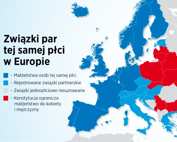 Mapa Europy pokazuje, gdzie można wziąć ślub homoseksualny. Większość krajów pozwala na małżeństwa lub związki partnerskie.